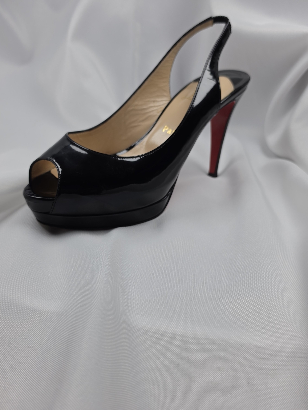 Christian Louboutin Lady Peep Sling Black Patent Platform Heels 38 US 7.5